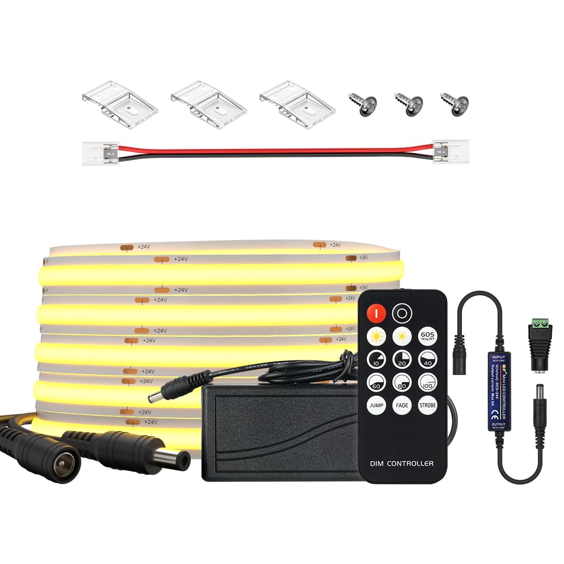 BTF-LIGHTING FCOB LED Streifen 5Meter 528LEDs/m Warmweiß IP30 12V 5A Netzteil und 14 Tasten Mini HF Dimmer Controller flexibel dimmbar verformbar für Küche Schlafzimmer Innendekoration