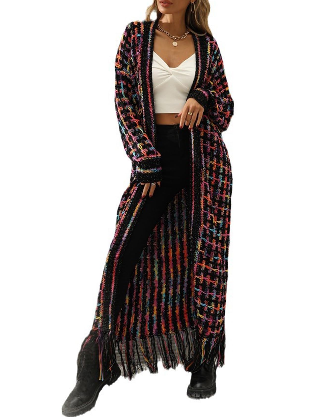 Womens Oversized Cardigan Sweater Long Dusters Boho Maxi Aztec Open Front Fringed Tassels Jacket Outwear