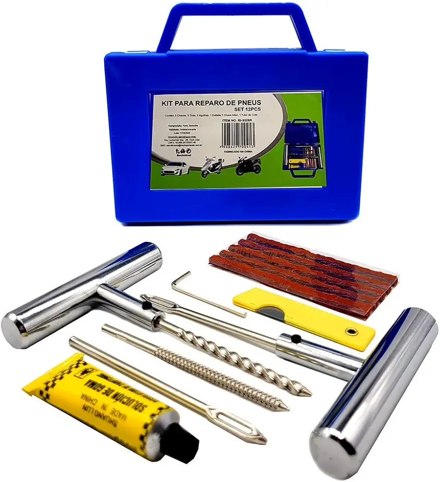 Kit Reparo Pneu Moto Carro Jogo para Conserto Remendo Frio de Pneus sem Câmara Macarrão Maleta 12 peças Profissional