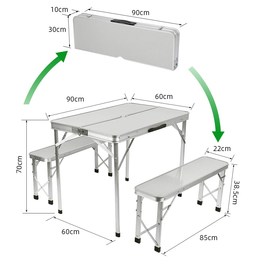 Set tavolo pieghevole e 2 panche pieghevoli, tavolo da campeggio XXL funzione portatile, adatto per terrazza, campeggio, giardino, 4 persone, tavolo da picnic 90 x 60 x 70 cm (bianco argento)