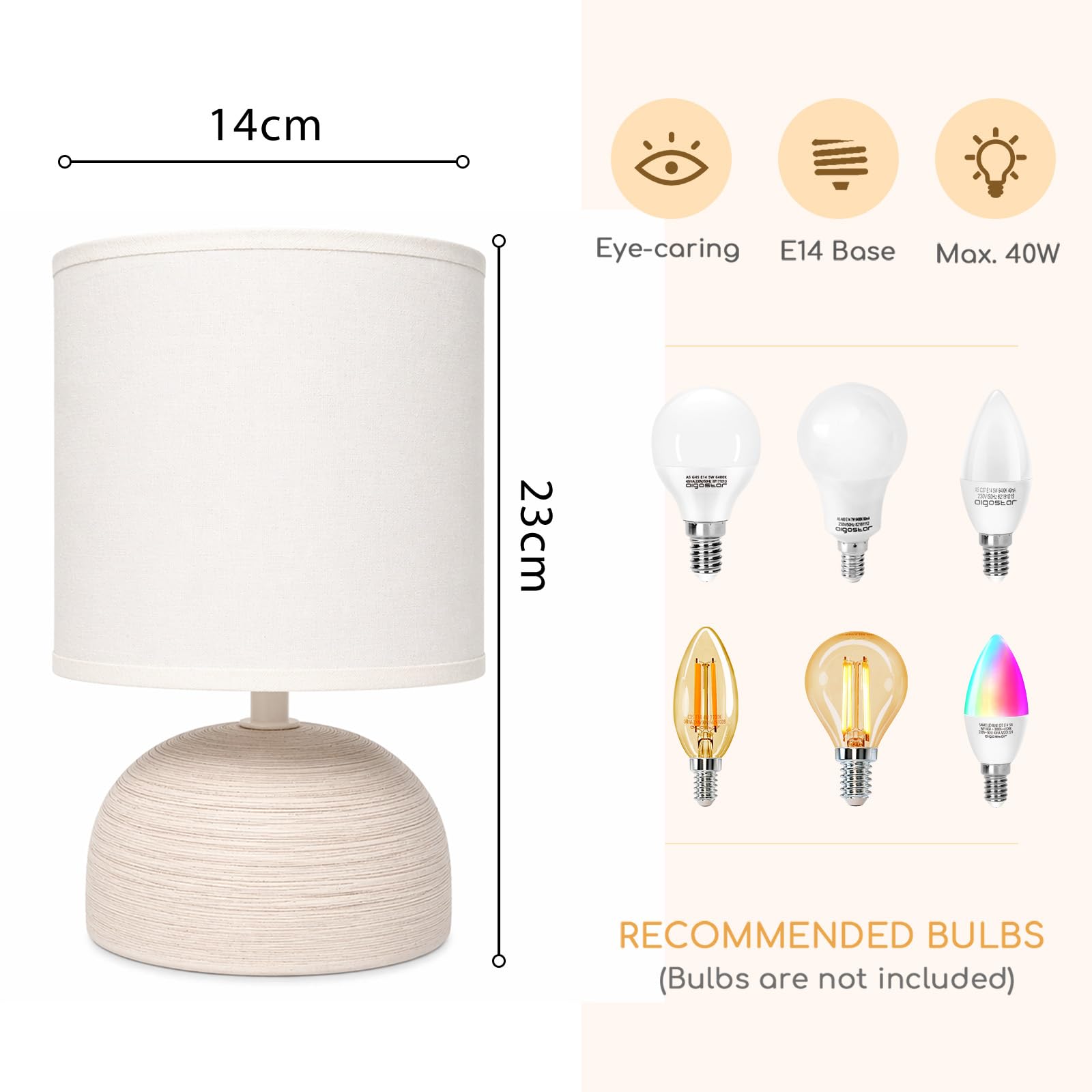 Aigostar Lampe de Chevet, Lampe en Céramique, Semi-ovale Marron, Corps au Design Marron Simple, Abat-jour en Tissu Blanc, Douille E14 (ampoule non fournie) H23cm