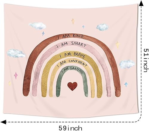 Miniatura 5 de Imirell Tapiz bohemio arcoíris de 59 pulgadas de ancho x 51 pulgadas de alto, citas positivas, nube rosa, estrella de amor, inspirador, para niños,