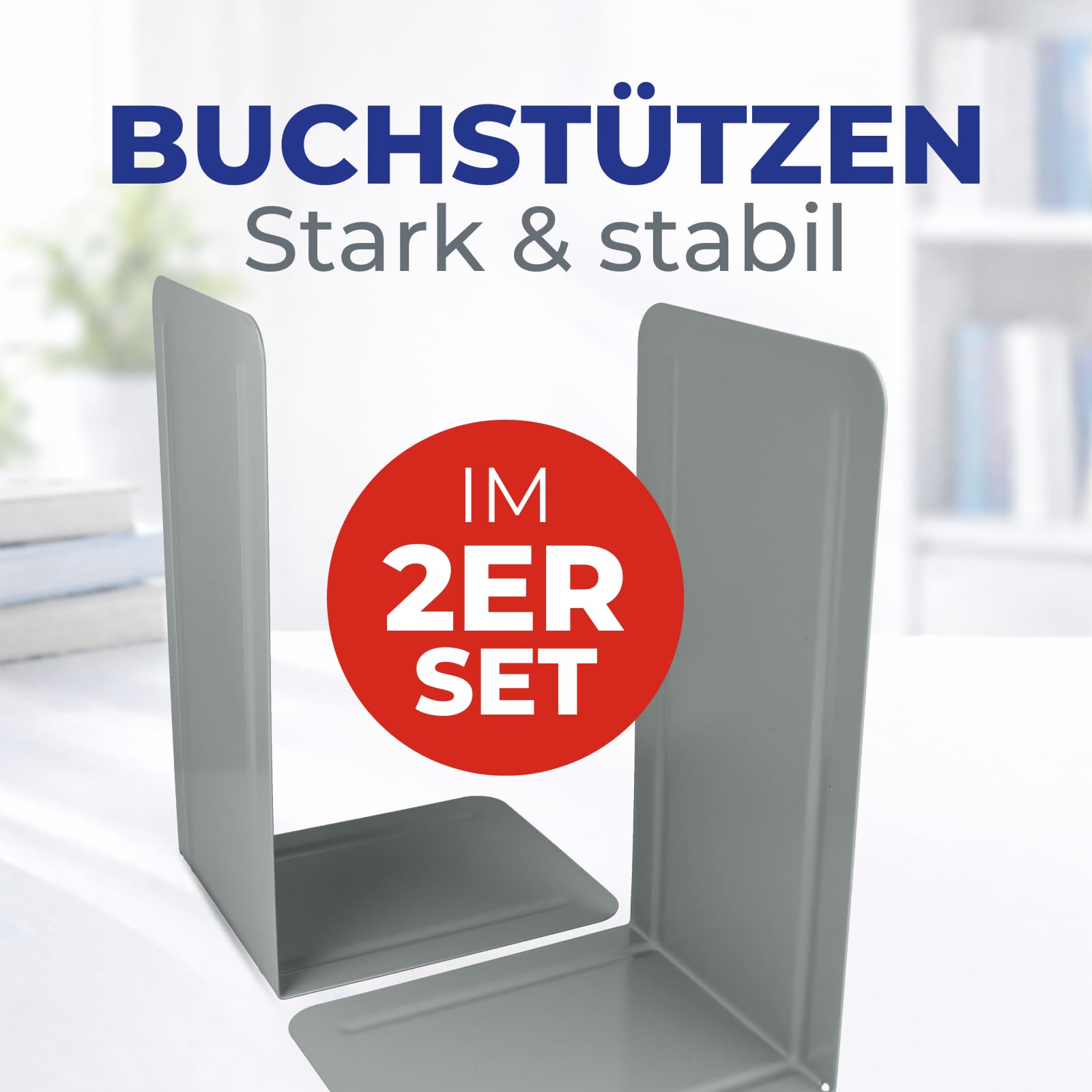 Westcott Szare podpórki na książki (2 sztuki) | metalowe 130 x 240 x 140 mm | stabilne uchwyty na książki lub segregatory | wytrzymały stojak na książki o grubości materiału 1 mm, do biura i