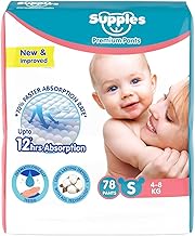 Amazon Brand - Supples Premium Baby Diaper Pants | 78 Baby Diapers | Small | 4-8 Kg | 12 Hrs Absorption | Cushiony Cotton Soft Fabric | Phthalates-Free | Triple Leak Guard