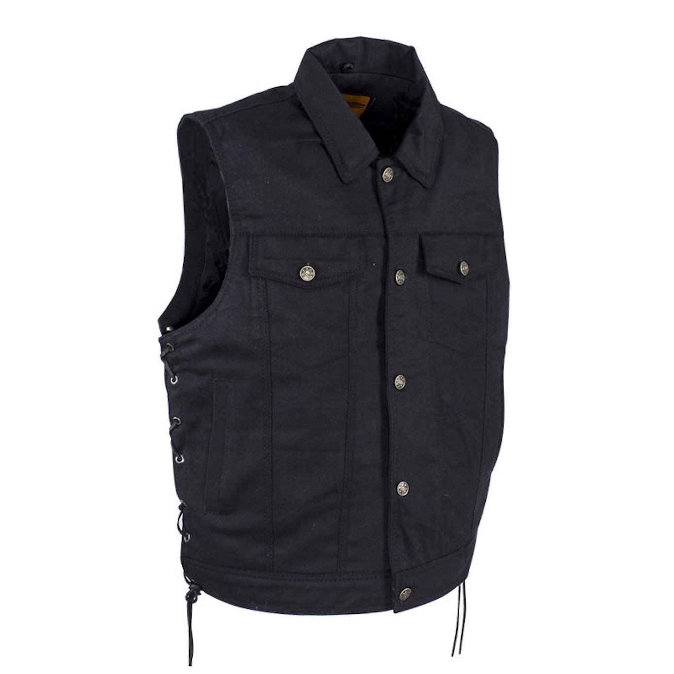 Mens Black Denim Motorcycle Vest Fold Down Collar Side Laces (L)
