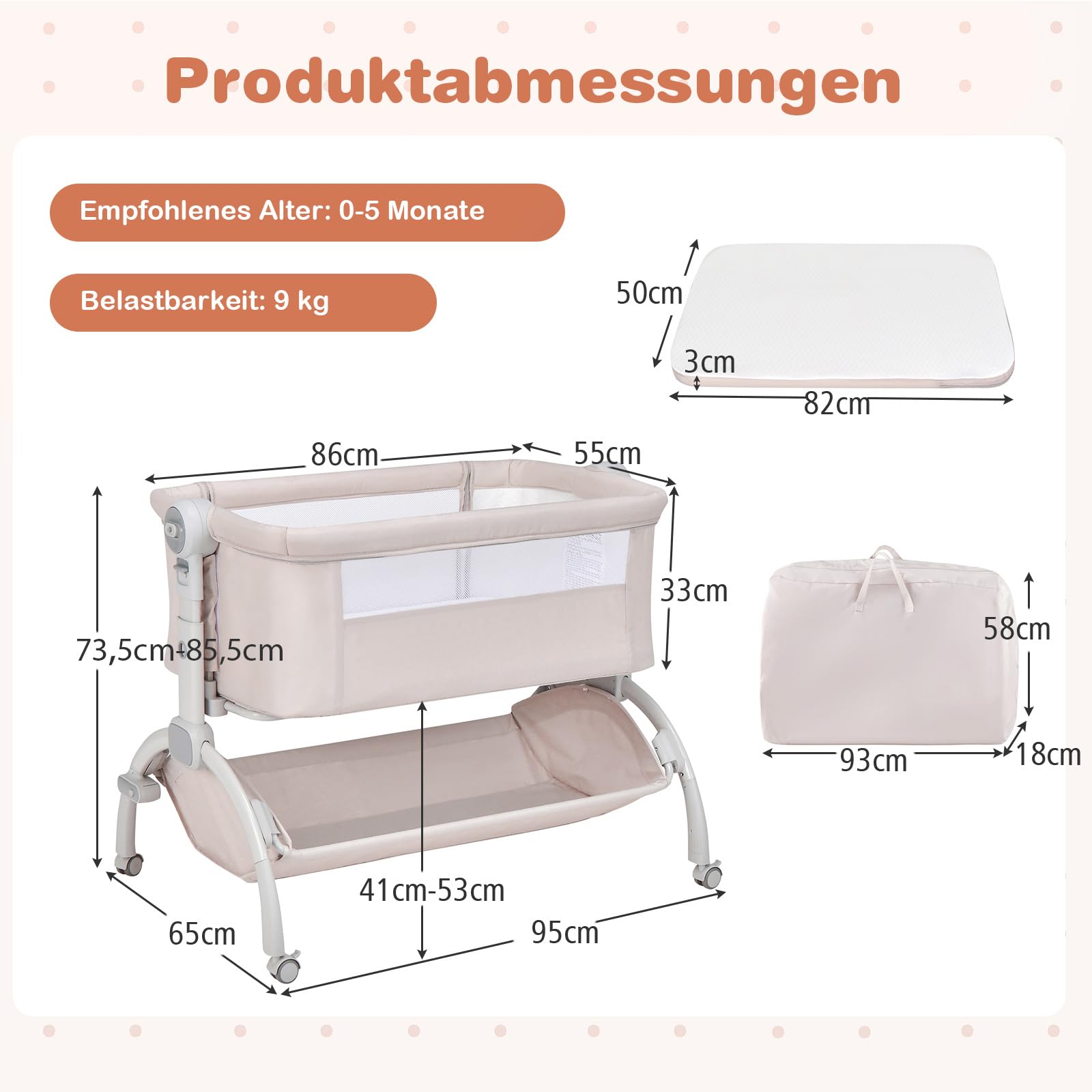 GOPLUS Baby Beistellbett, 3-in-1-Babywiege mit Matratze & Tragetasche & Aufbewahrungskorb, 7-Fach höhenverstellbares Babybett, neigbarer Stubenwagen für Neugeborene bis 9 kg Belastbar (Beige)