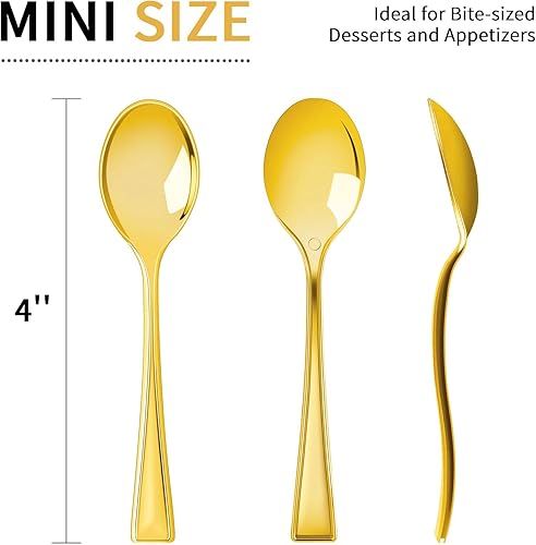 Miniatura 2 de Qeirudu Mini cucharas de plástico dorado de 4 pulgadas, paquete de 100 cucharas desechables de degustación, cucharas de postre pequeñas resistentes