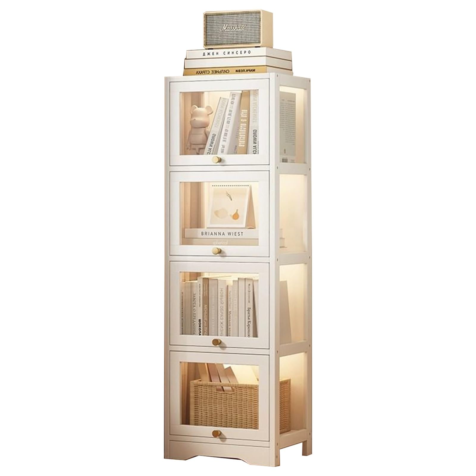 Wooden Bookcase, Tall Narrow Cube Bookshelf with Acrylic Glass