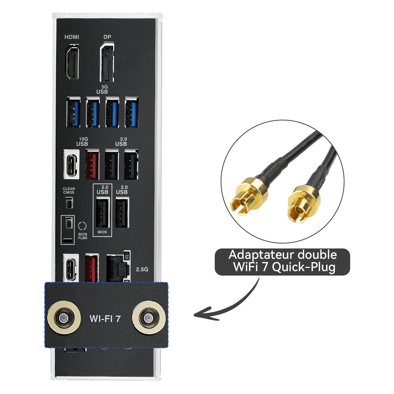 Antenne à Base Magnétique Tri-Bande WiFi 7 pour Carte Mère Gaming - Connecteur Push-on, 3 dBi Omnidirectionnelle pour ASUS ROG Strix TUF Gaming ProArt Prime Carte Mère PC de Bureau