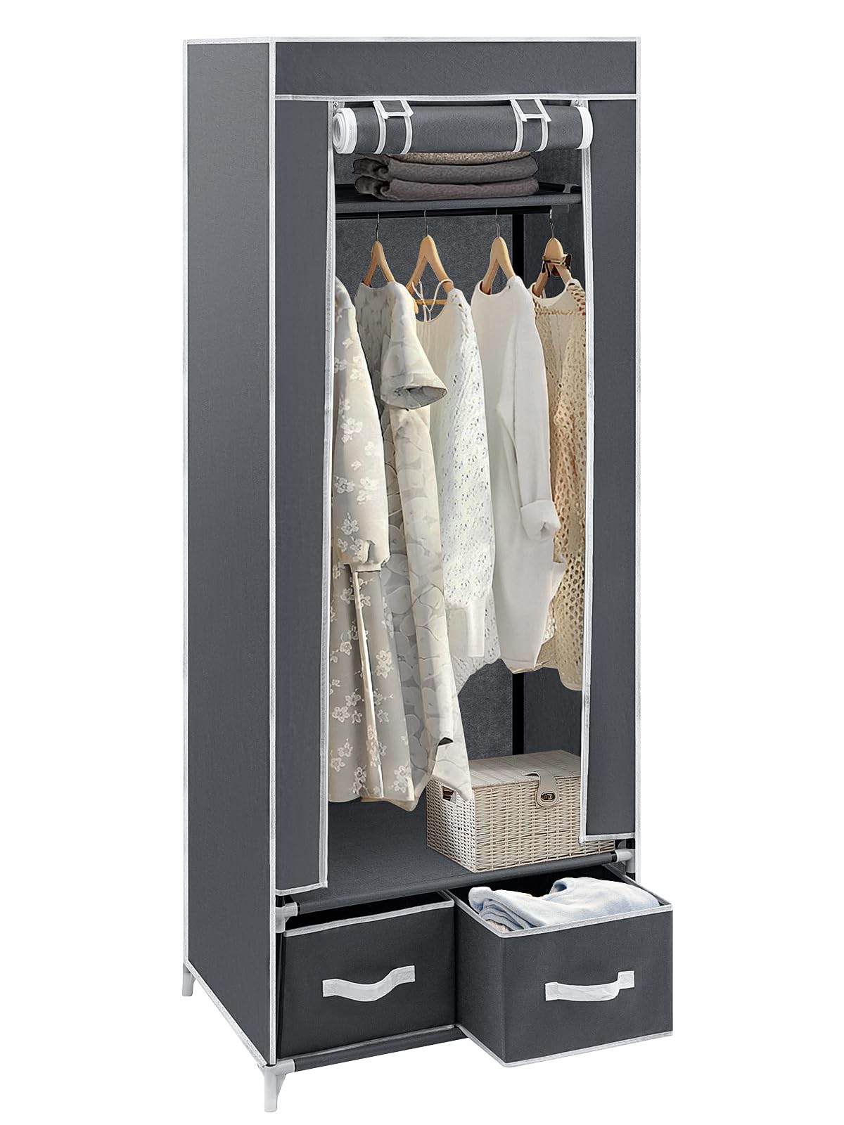 Youyijia Portable Wardrobe Single Canvas Wardrobe Clothes Storage Organizer with 2 Drawers and Hanging Rail Foldable Closet for Clothes, Bags, Toys, Shoes 160 x 60 x 43CM (Grey)