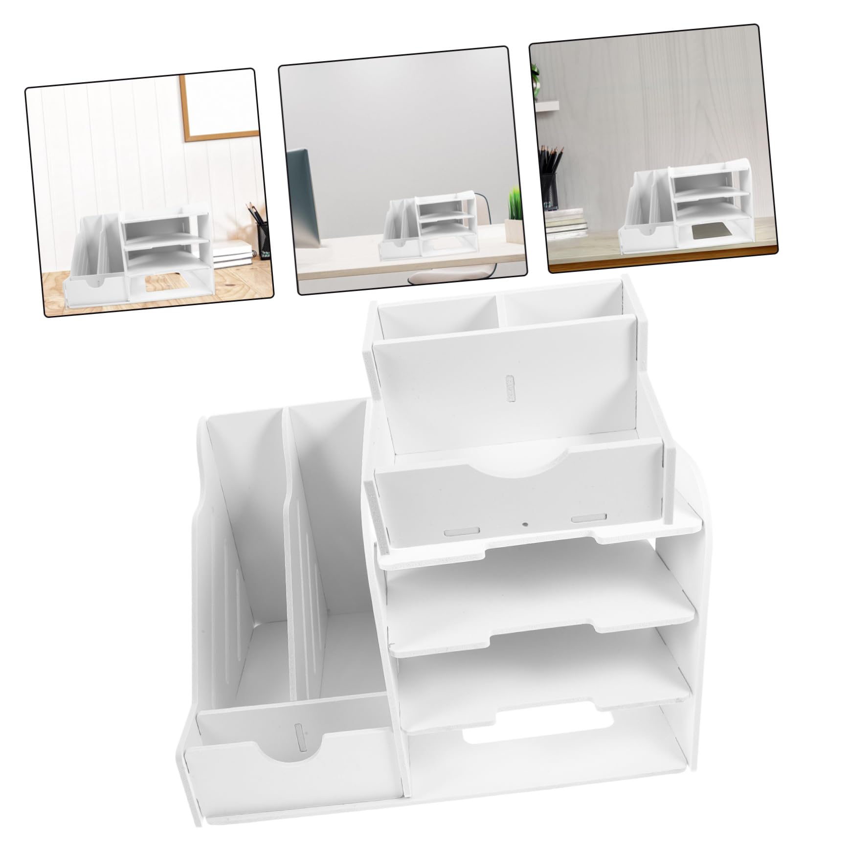 Portadocumenti da Tavolo a 4 Livelli in Composito Legno-plastica Bianco | Vassoio Orizzontale per Fogli A4, Design Smontabile, per Ufficio e Casa