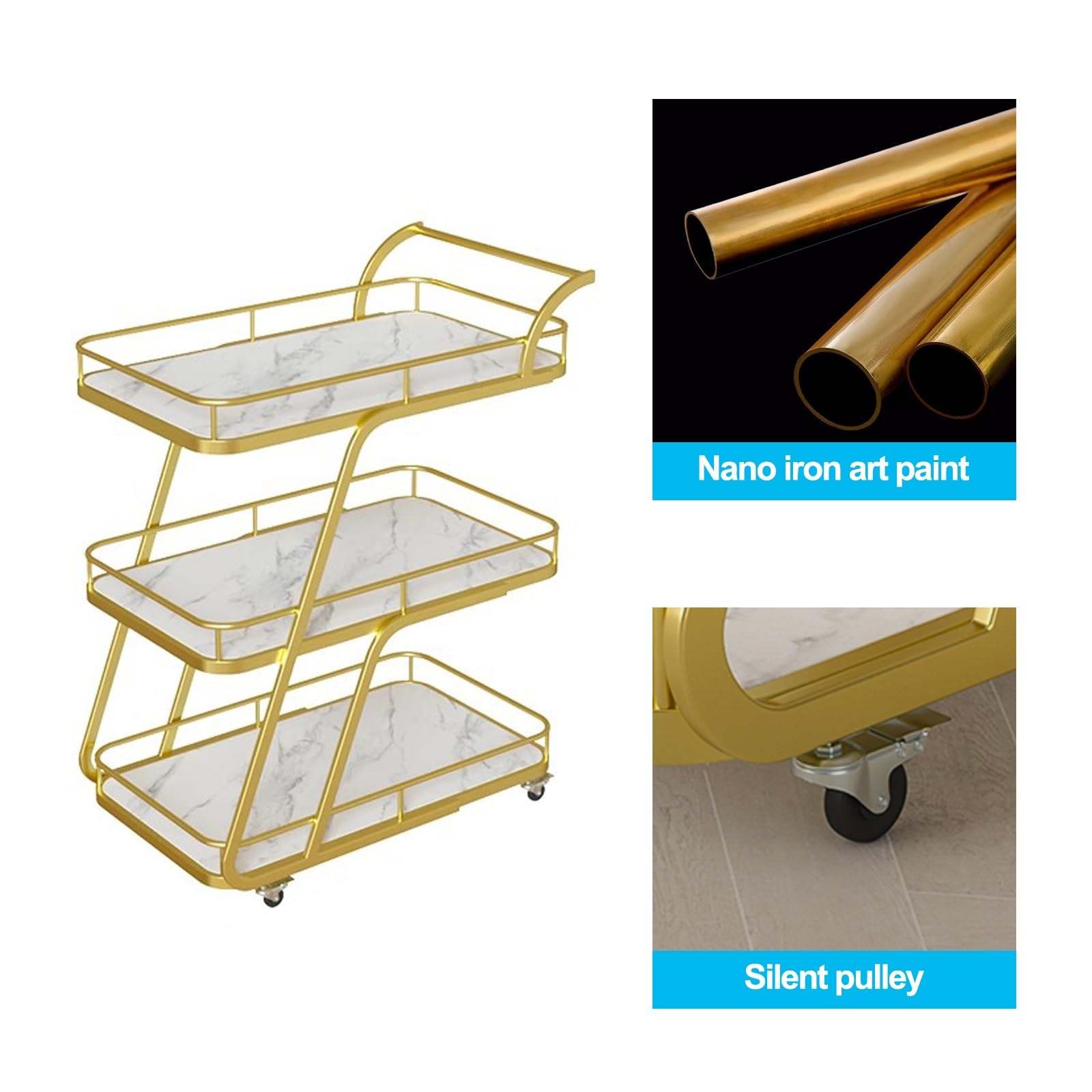 Złoty 3-poziomowy wózek kuchenny z kółkami, wszechstronny wózek barowy i jadalniany, stylowe półki do przechowywania, mobilny wózek kuchenny, elegancki, złoty design