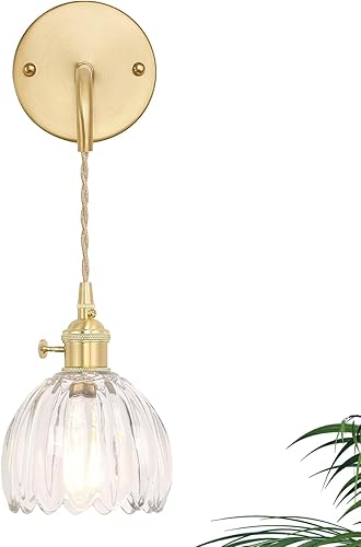 Miniatura 18 de Lámpara de pared vintage con pantalla de cristal de tulipán ámbar, aplique de pared colgante con cable de enchufe de 4.9 pies, lámpara de pared