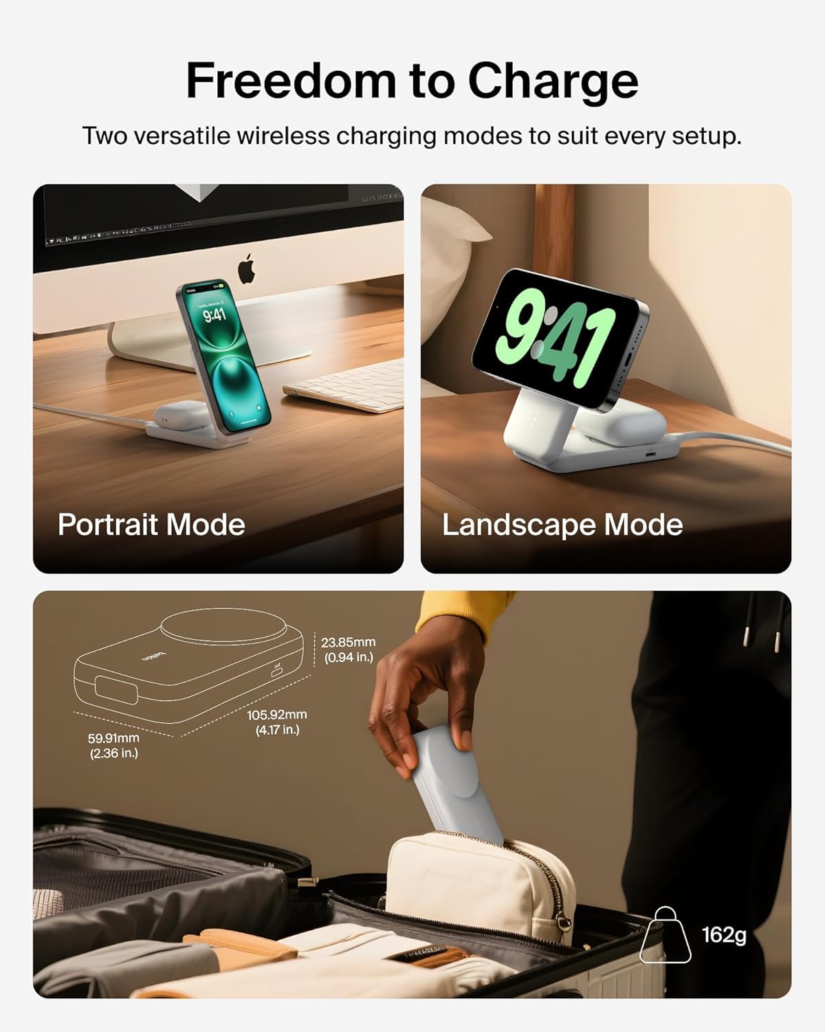Belkin UltraCharge - Caricabatterie wireless 2 in 1, certificato Qi2.2, stazione di ricarica compatibile con MagSafe per iPhone 17, Air, AirPods, Pixel Snap, supporto magnetico con porta