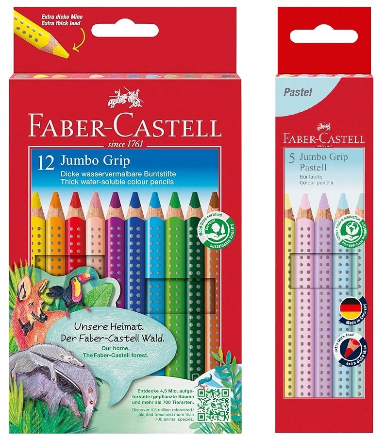 Faber-Castell 110912 Jumbo Grip Buntstifte für Kinder, Malstifte mit Grip und dreieckigem Schaft, wasserlöslichen Pigmenten, leicht auswaschbar und bruchsicher (5er Set Pastell + 12er Set)