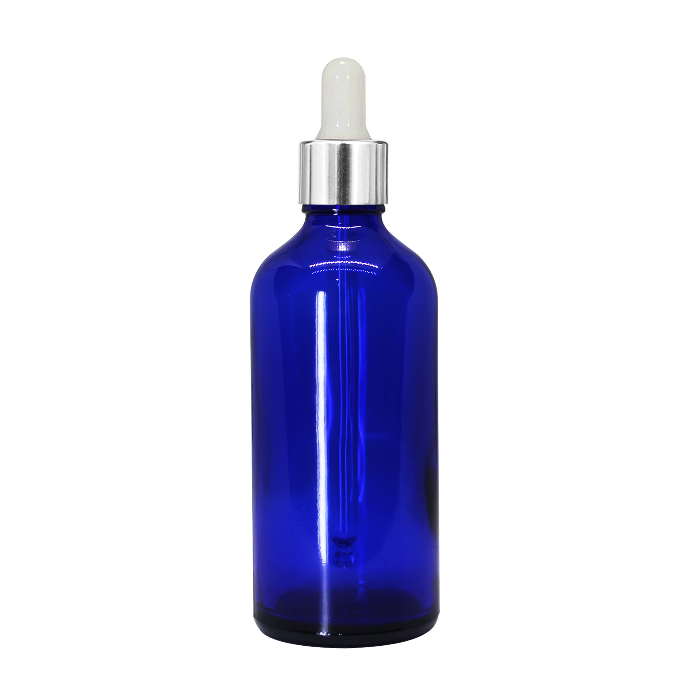 nsb herbals 100 ml blue round empty glass bottle + glass dropper + silver ring + white silicone teat, refillable, leak proof for essential oils, diy perfumes (pack of 3)