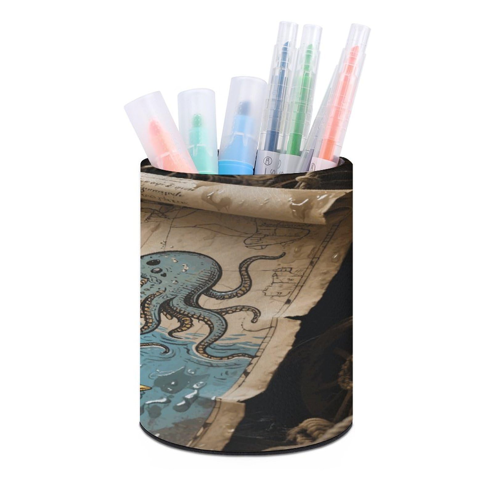 VstaDank Pirate Map Pen Holder for Desk Makeup Brush Holders Stylish Pen Cup Cute Pencil Cup Round Pencil Holder Decor Brush Scissor Holders for Multifunctional Office Supplies