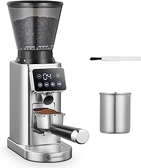 AMZCHEF Coffee Grinder, Coffee Bean Grinder for Home Use with Precise Grinding, LED Control Panel, Detachable Funnel Stand, Anti-static Design, 24 Grind Settings, Silver