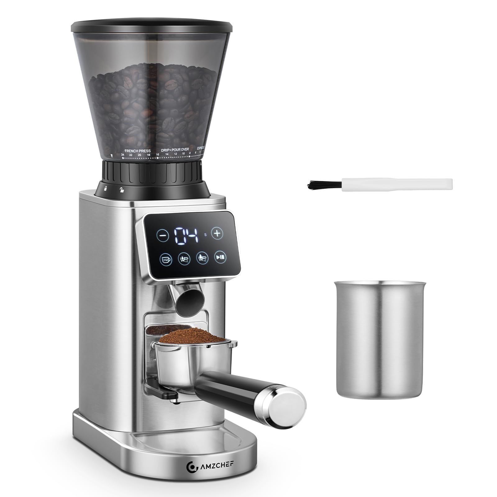 AMZCHEF Coffee Grinder, Coffee Bean Grinder for Home Use with Precise Grinding, LED Control Panel, Detachable Funnel Stand, Anti-static Design, 24 Grind Settings, Silver