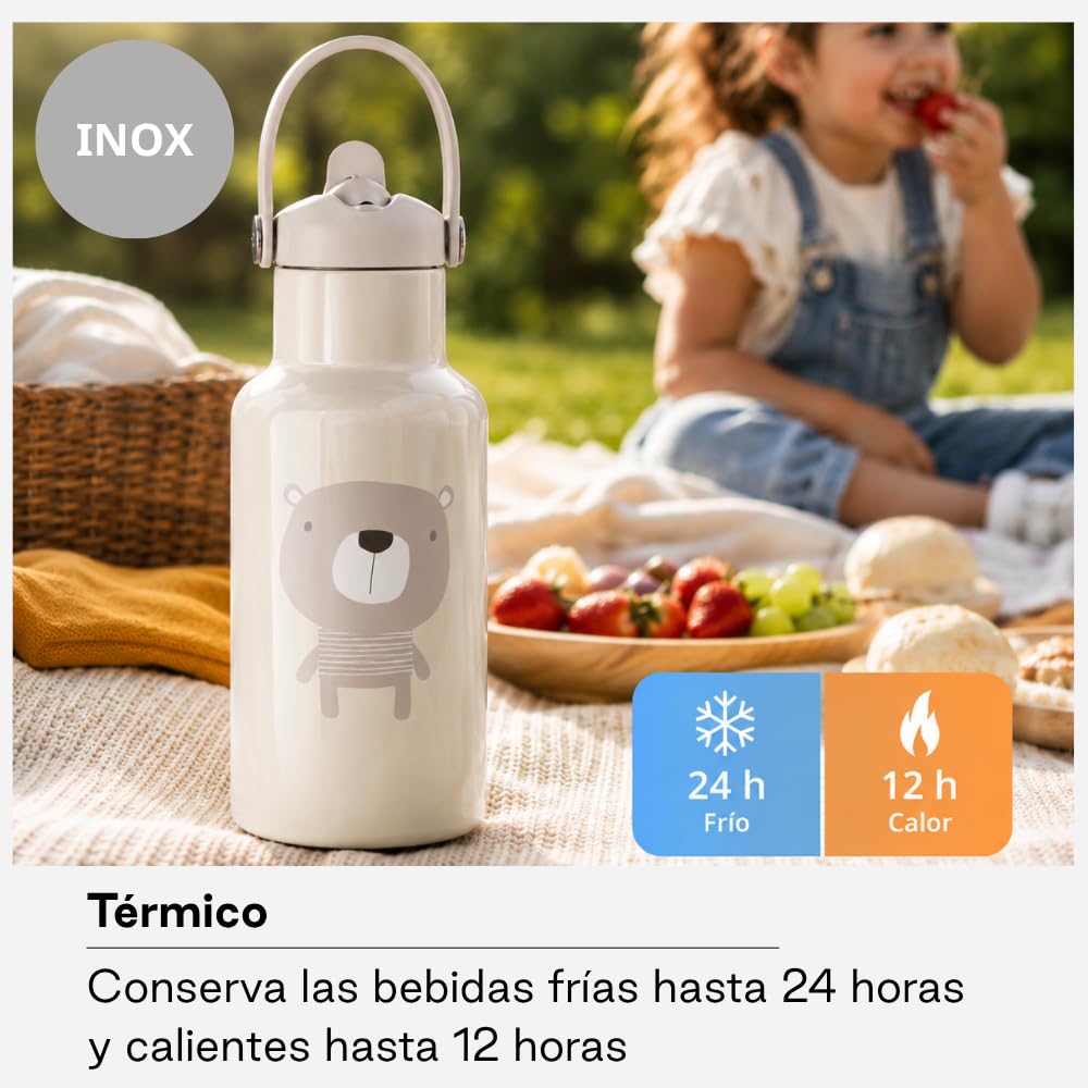 Jané Termo Acero Inoxidable 500 ml, Mantiene 24h Frío y 12h Calor, Recubrimiento Interior Cerámico, Libre BPA, Beige