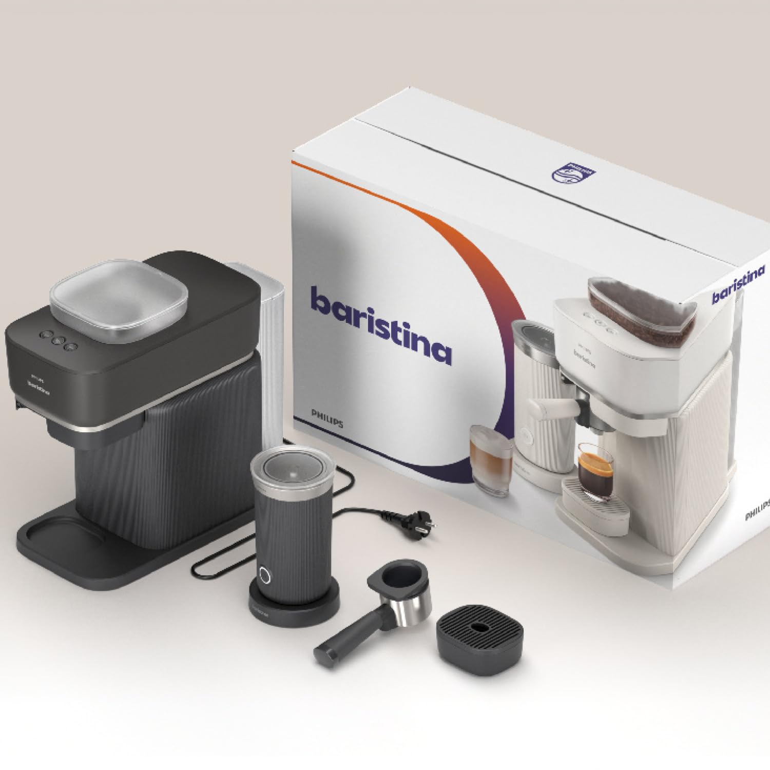 PHILIPS Baristina - Macchina per caffè espresso – Real Espresso Made simple, (nero grigio – portafiltro nero e montalatte)