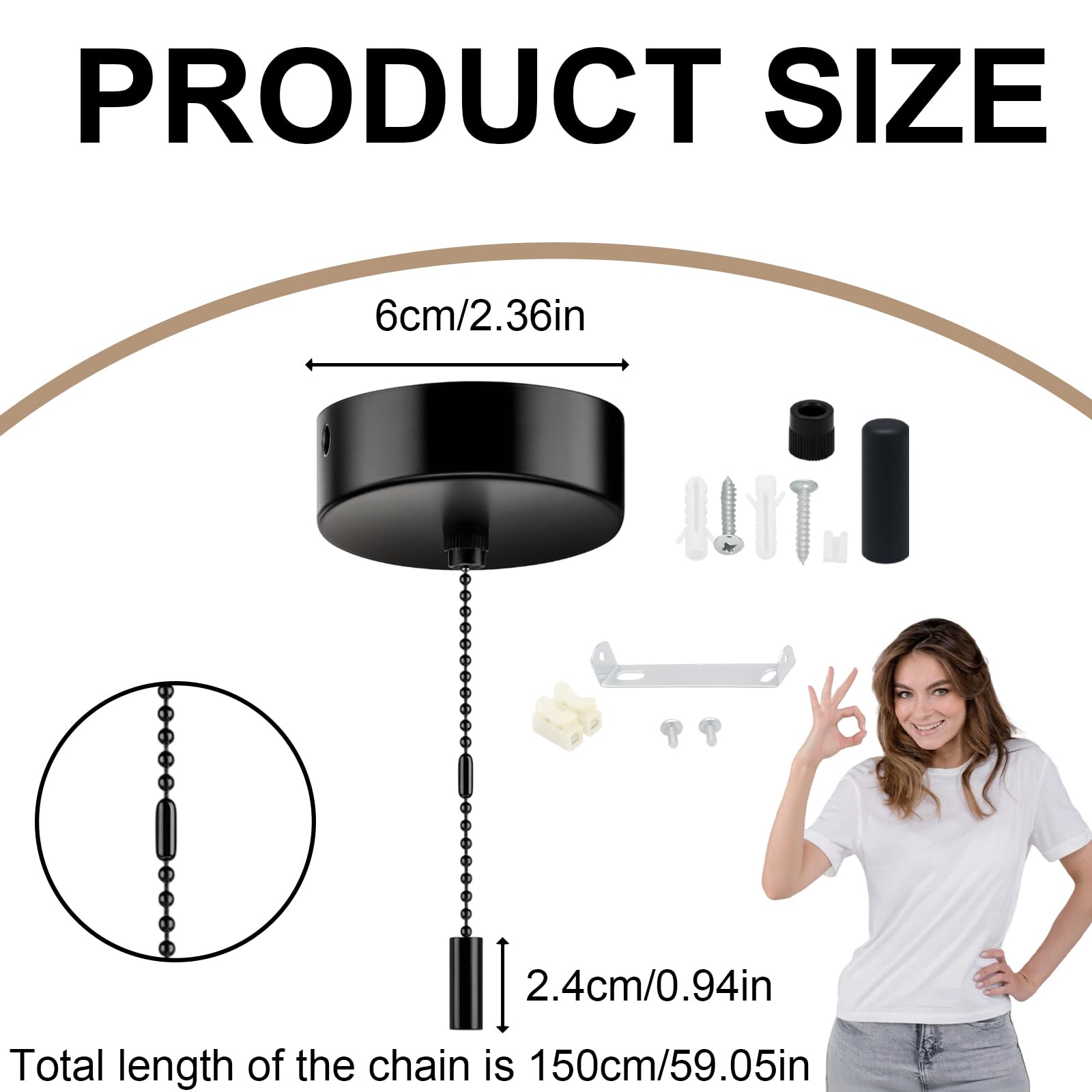 Pull Cord Light Switch Bathroom, Black Ceiling Mounted Switch, Easy to Install for Bathroom Bedroom, Kitchen, Living Room - Image 2