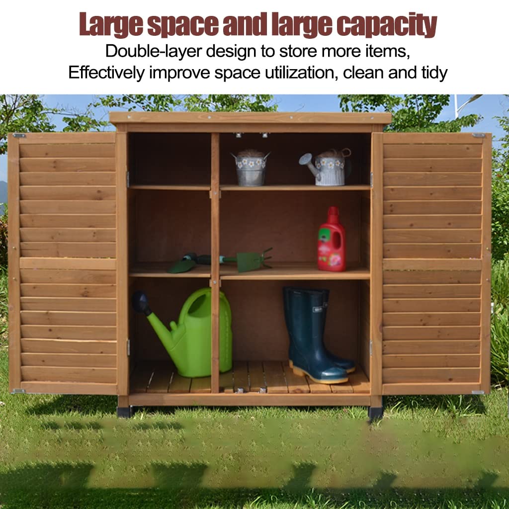 TAKUKA Outdoor Opbergkast Houten Schuur met Dubbele Deuren & Waterdicht, Buiten Utility Tool Organizer 3 Planken voor Tuin Boerderij Achtertuin (34 B x 18 D x 63 H