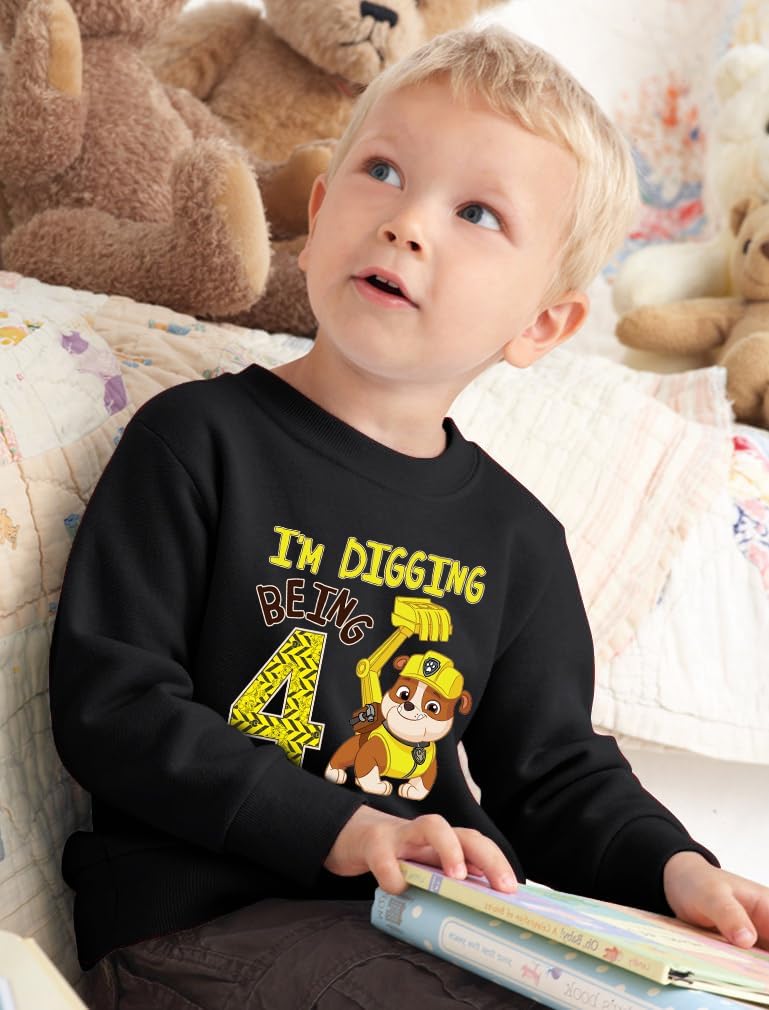 Paw Patrol Rubble 4th Birthday Shirt - Toddler Kids Long Sleeve T-Shirt with Bulldozer Digging Being 4 Graphic