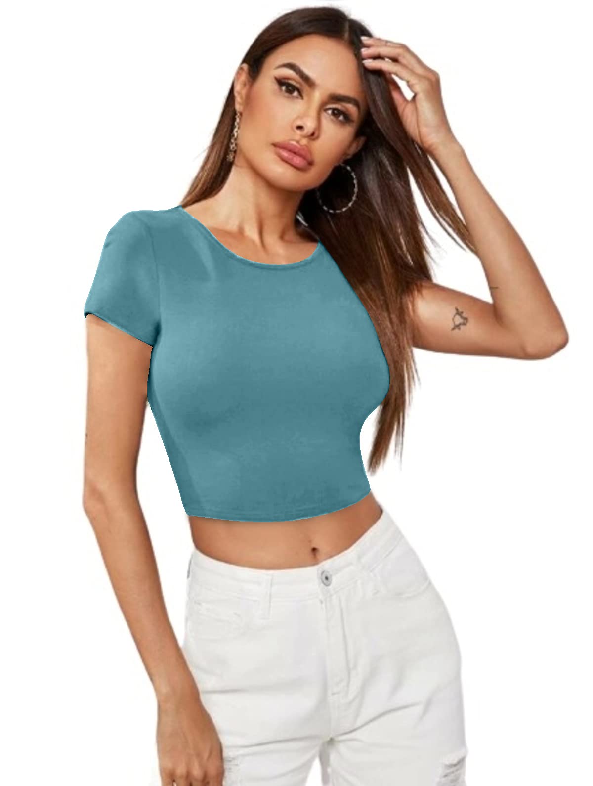Dream Beauty Fashion Women's Casual Short Sleeves Round Neck Crop Top Polyster Blend (17" Inches)
