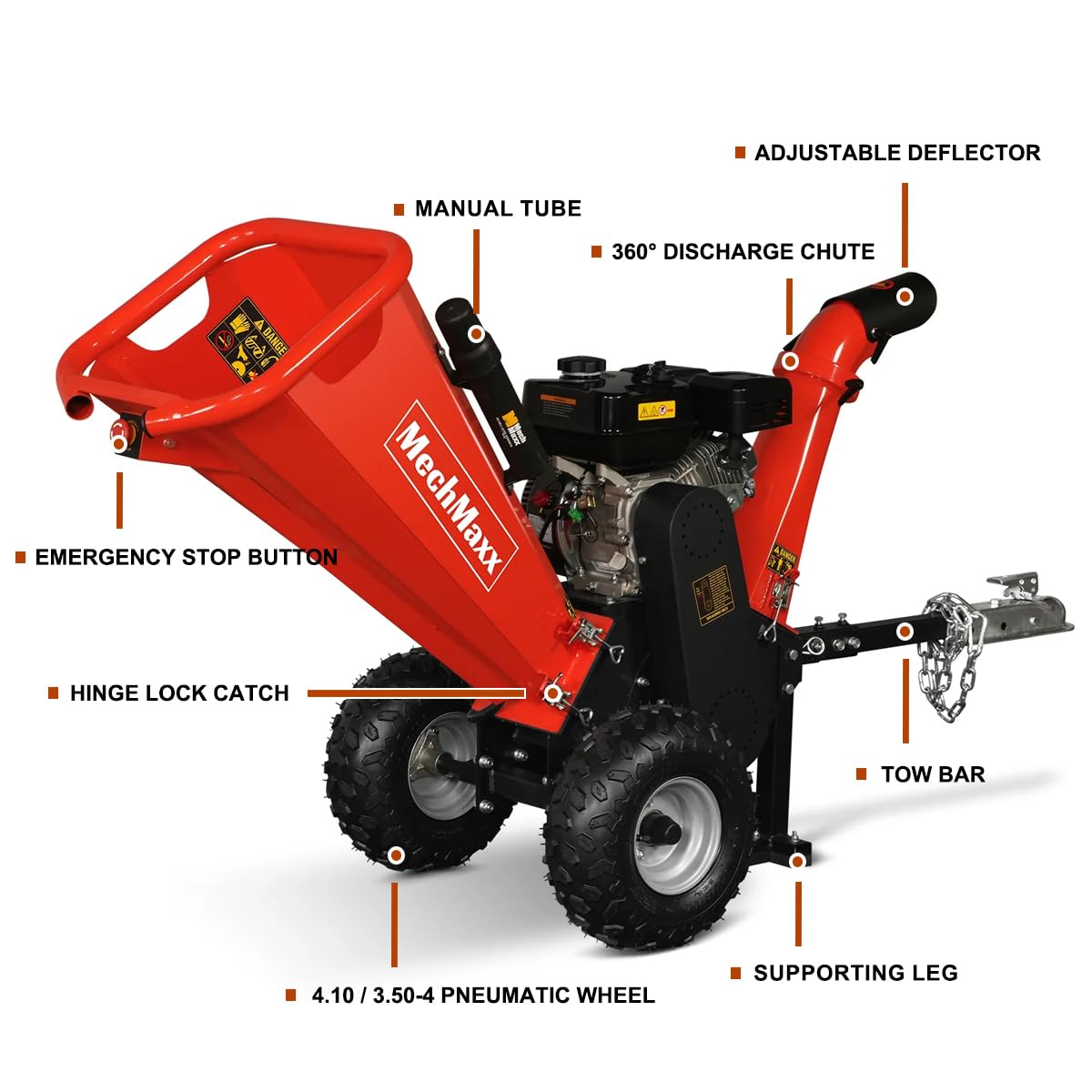 MechMaxx 4 inch DUCAR 212cc 7HP Gasoline Engine Powered Wood Chipper Shredder with Tow Bar, 4