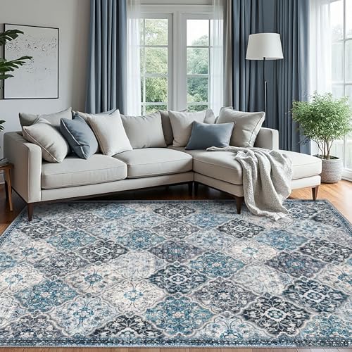 KILOCOCO 6x9 Area Rug, Moroccan Super Soft Vintage Washable Living Room Rug, Large Non-Slip Print Faux Wool Throw Rug for Entryway Bedroom Office Carpet, Blue/Multi