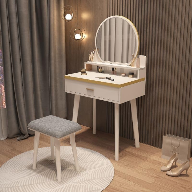 KWOKING Traditional Bedroom with Drawer Wood Mirror Make-up Vanity Nordic Dressing Table Bedroom Small Apartment Dressing Table White - Makeup Vanity & Mirror & Stool 24" L x 16" W x 53" H