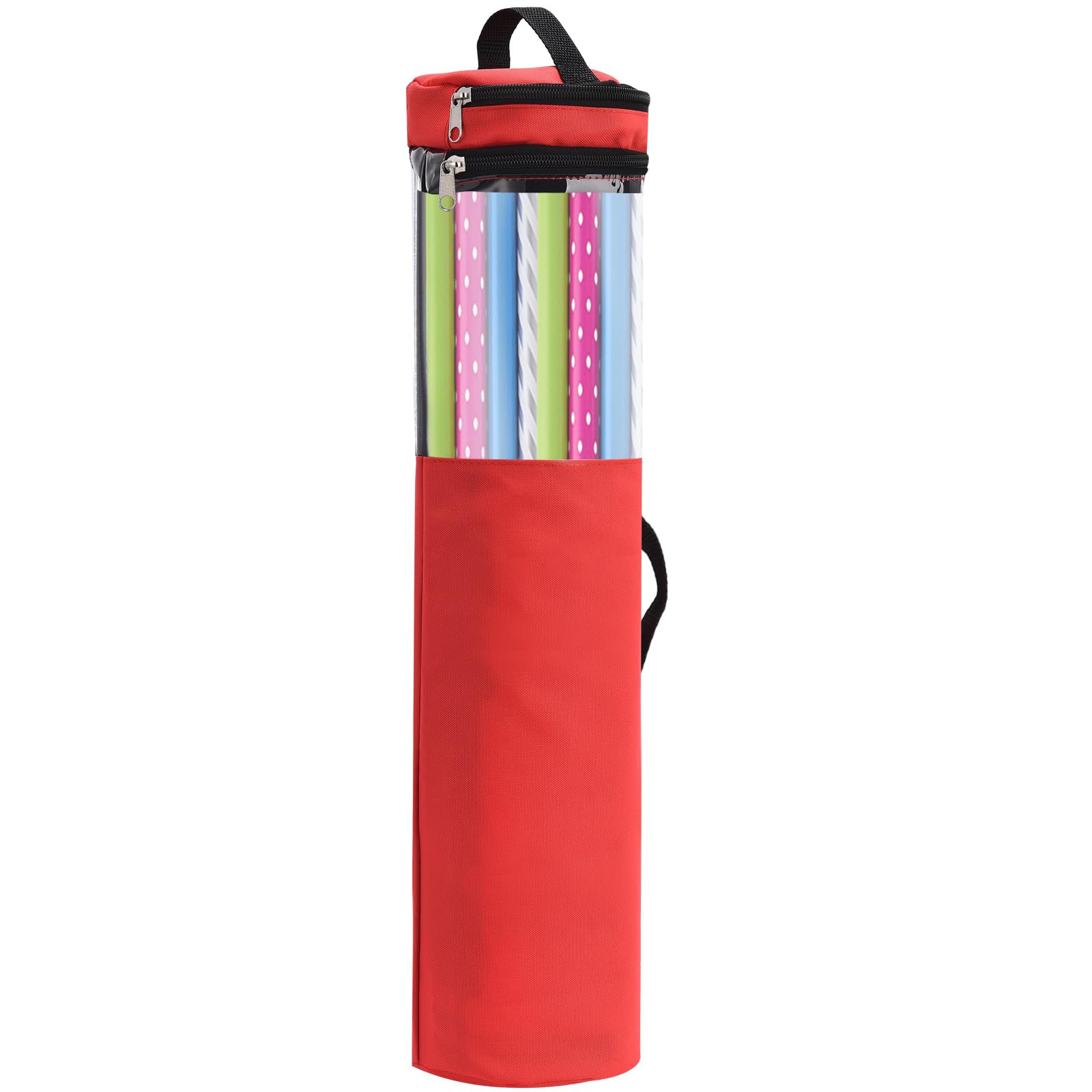 Long Gift Wrap Organizer Bag, 42x8.8in Wrapping Storage Bag with Clear Window, Gift Wrap Organizer with Handles and Zipper That Fits 40 Rolls with Section for Storing Ribbons, Gift Tags(Red)