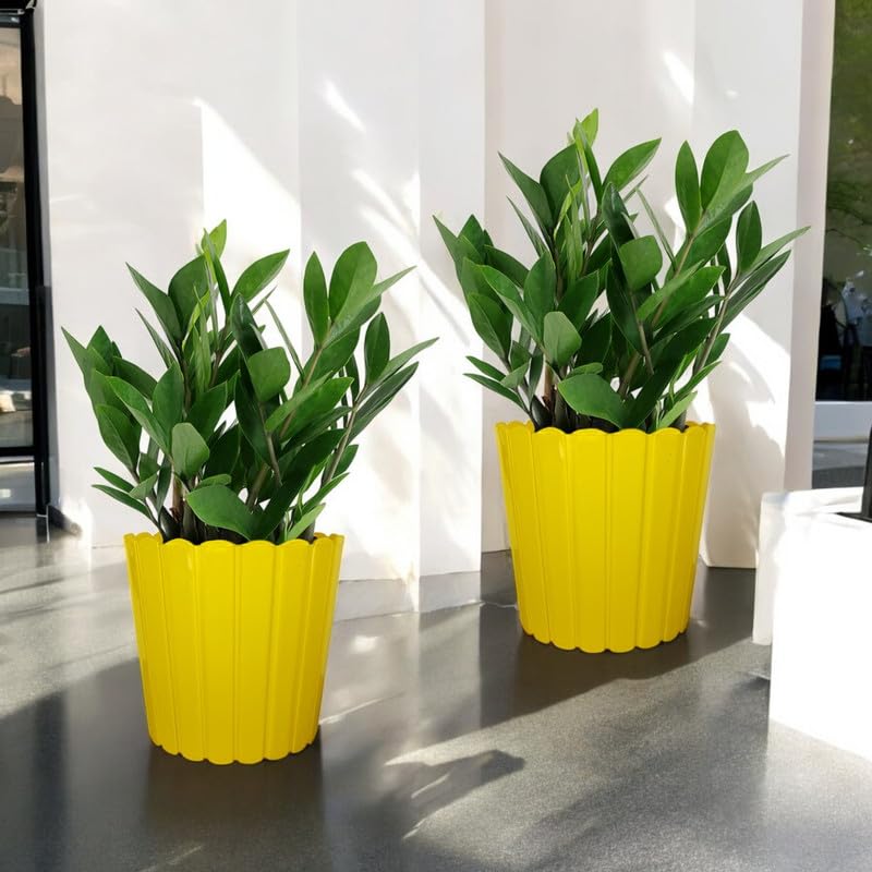 Image of GARDENS NEED 12 Inches Thai Round Flower Pot | Set of 2 | Yellow | Plastic Planter Pots for Indoor & Outdoor Home, Office & Balcony Decoration