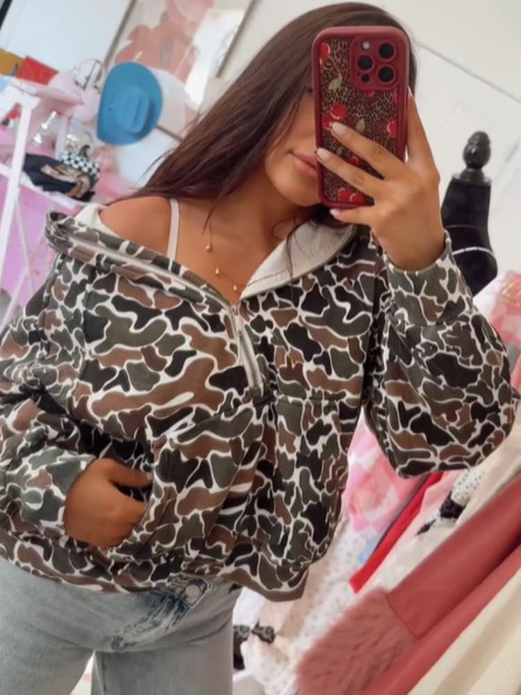 Camo Hoodie Oversized Quarter Zip Pullover Women Cute Camo Zip Up Hoodie Colorful Patchwork Cheetah Hoodies Y2k Trendy - Image 6