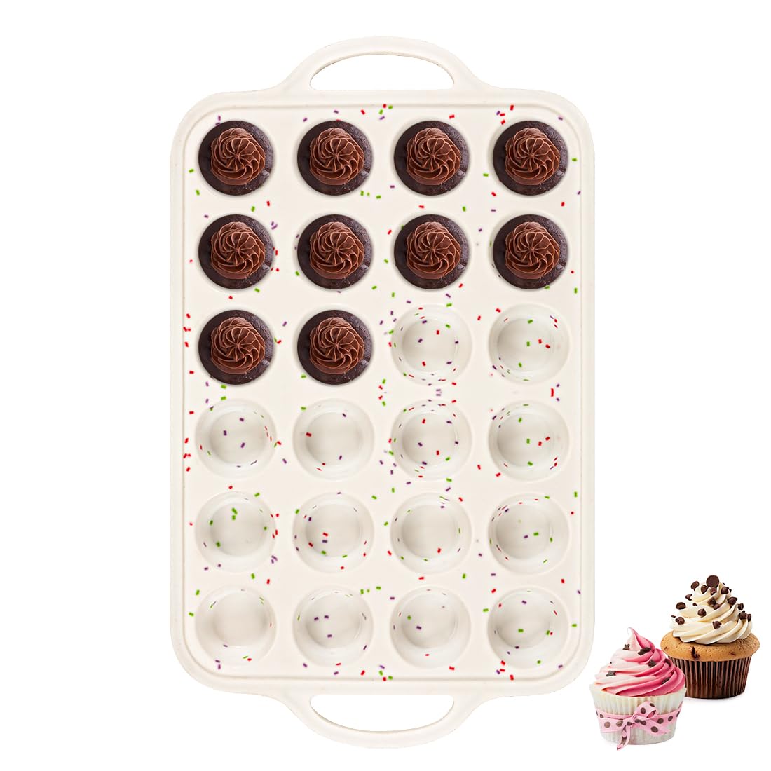 Fimary Silicone Mini Muffin Pan With Metal Reinforced Frame - 24 Cups Durable Silicone Cupcake Pan for Muffin, Cupcakes, BPA Free and Dishwasher Safe - 1 Piece Beige with Rainbow Spots