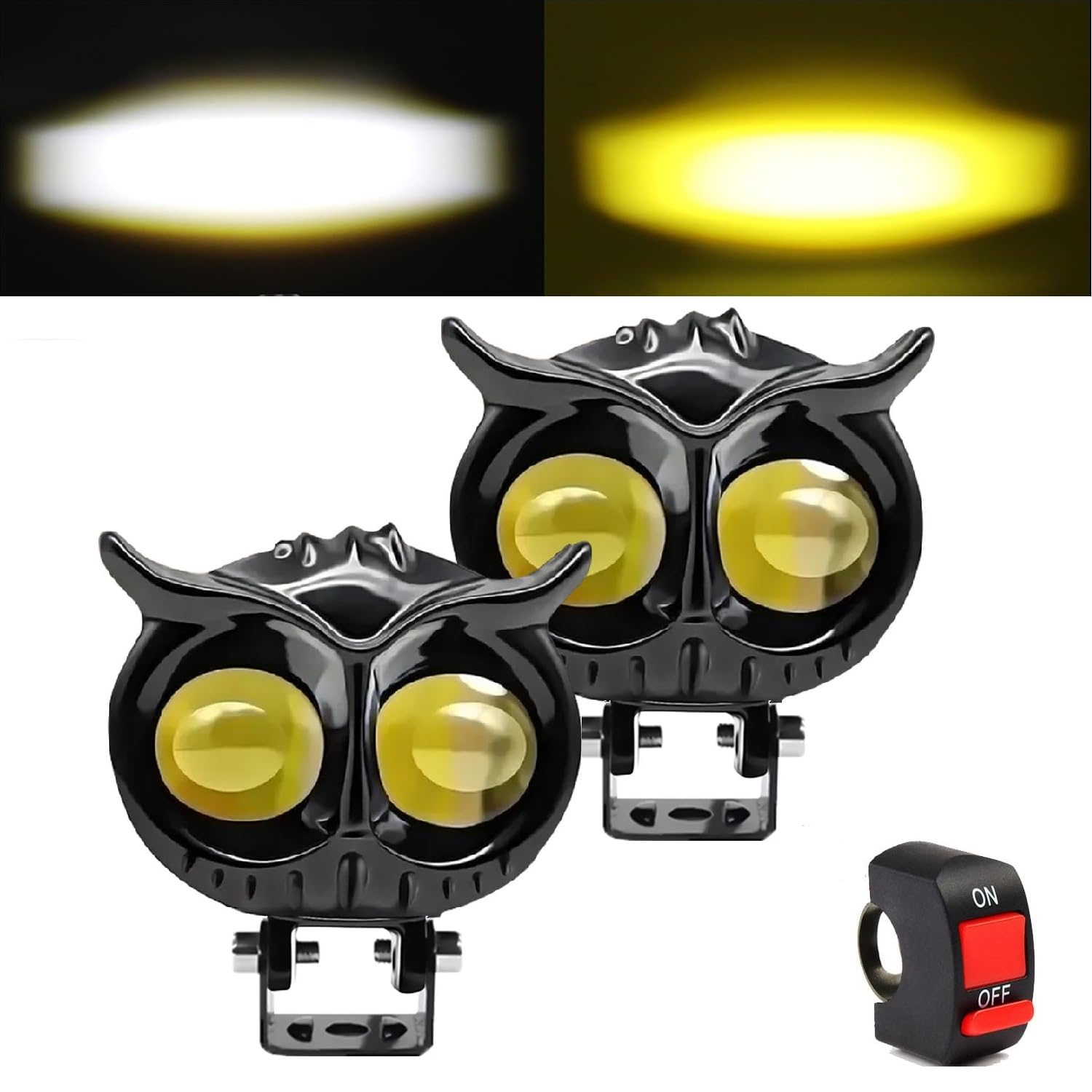 OTOROYS 2 LED CNC Metal Owl Shape Dual Color Fog Light Set of 2 (Yellow and White) Low & High Beam for universal vehicles