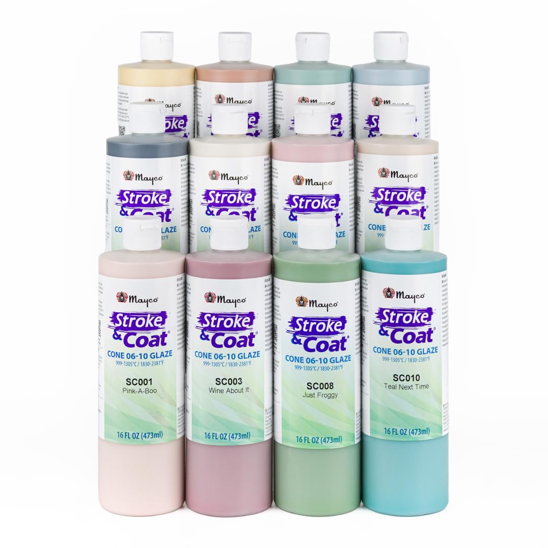 Mayco Stroke & Coat Wonderglaze für Bisque Set B – 1 Pint – 12 Farben – Acrylglasur – Keramikfarben