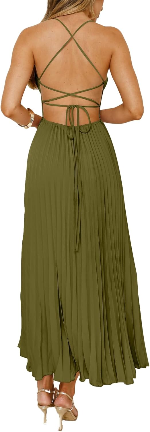 Women's Pleated Satin Bridesmaid Dresses V-Neck Crisscross Back Prom Dress Long Formal Party Dress - Image 7