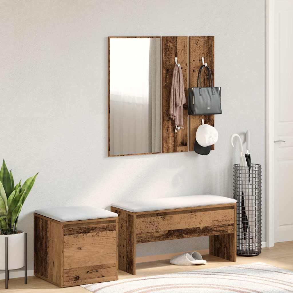 Juego de muebles de pasillo de madera tallada en madera vieja con espejo y