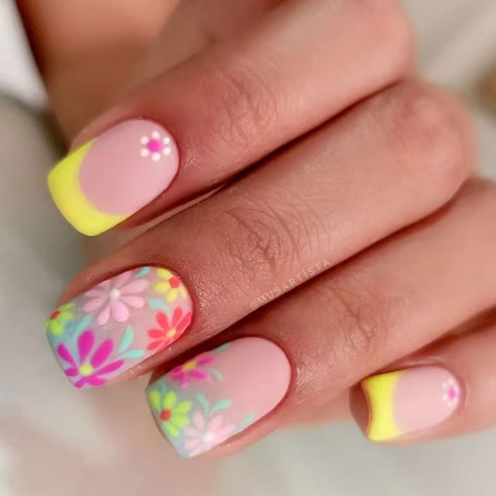 French Tip Press on Nails Spring Flower Fake Nails Short Square Glue on Nails Full Cover Colorful Floral False Nails Matte Light Yellow Nail Tips