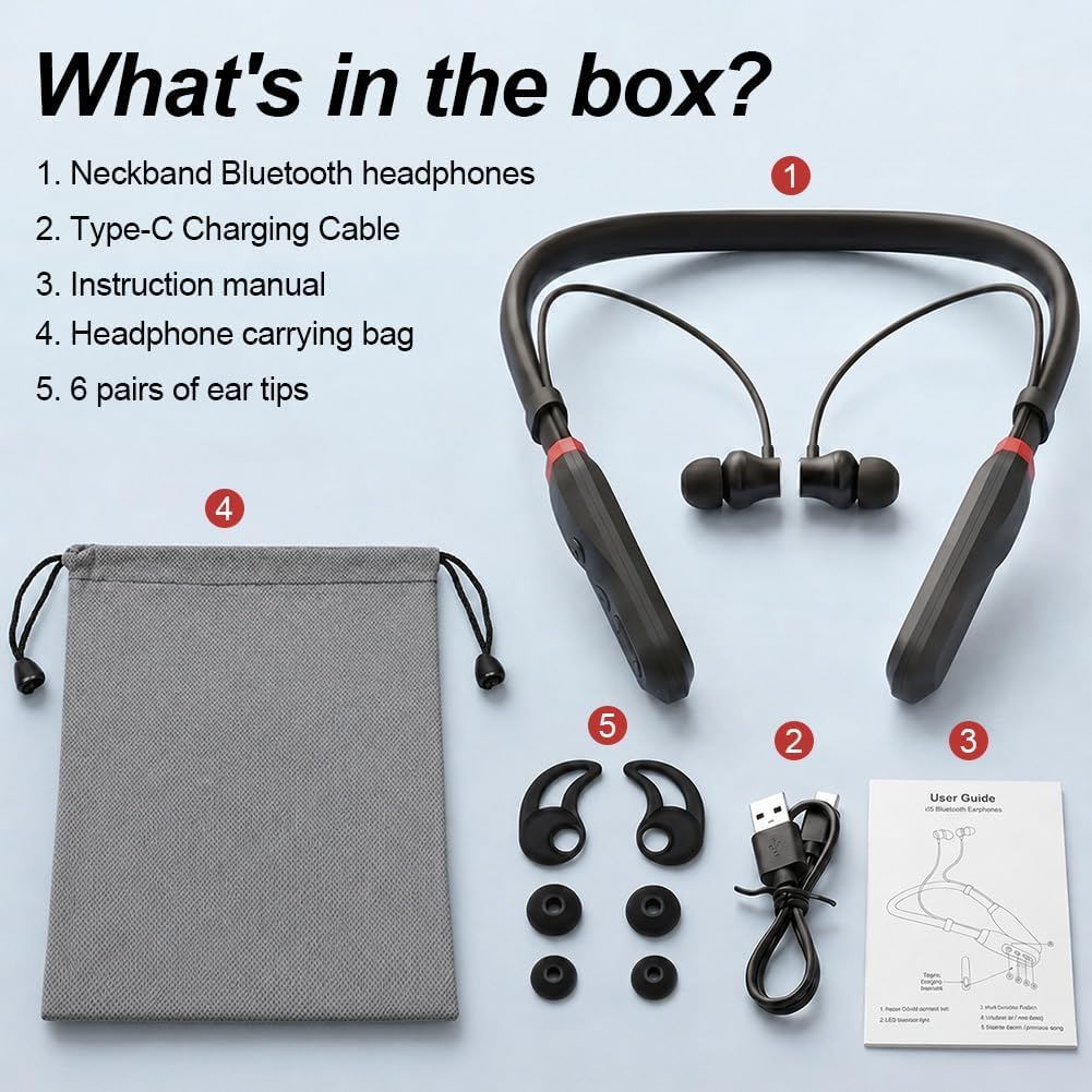 Cuffie Bluetooth con Archetto da Collo 200H di Riproduzione, Auricolari In-Ear Bluetooth 5.3, Cuffie Sportive a Collare, IPX4 Cuffie Wireless Magnetiche per Sport Corsa Palestra Cantiere, Nero