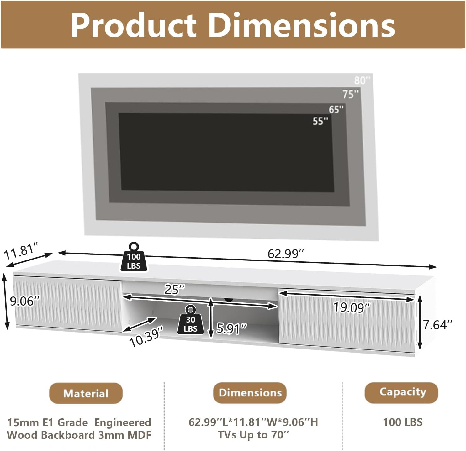 63'' Floating TV Stand with LED Light, Wall Mounted TV Console Shelf with 2 Doors and 1 Open Shelf, Entertainment Center Media Console for 75 Inch TV (White_1) - Image 2