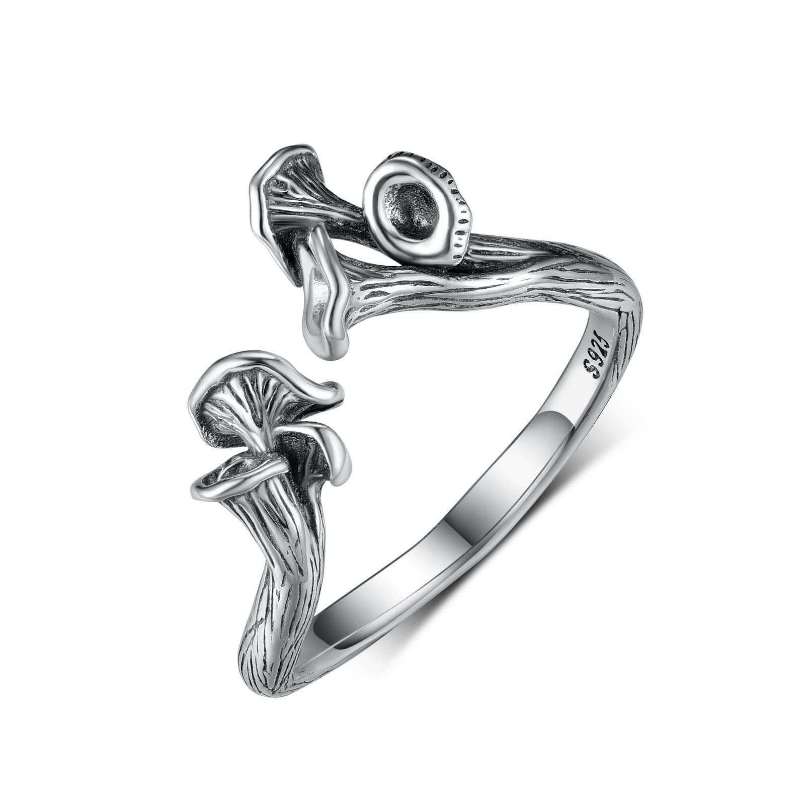 Chanterelle Mushroom Rings For Women Sterling Silver Vintage Cute Adjustable Open Wrap Ring Jewelry