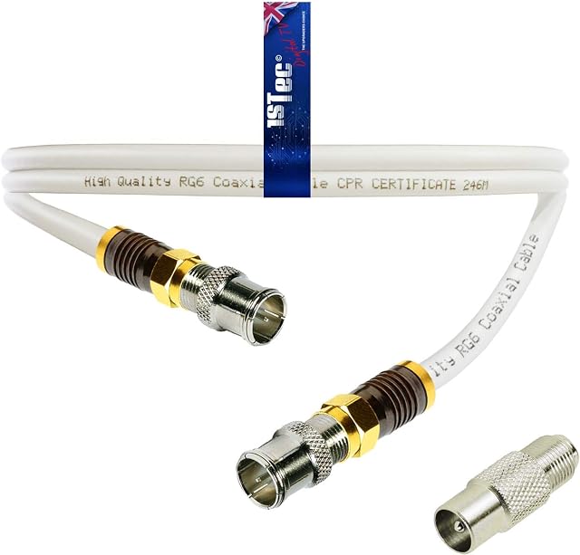 1STec 3m White Virgin Media Quick Fit Male Push On To or Over Female F-connector Isolator IEC Gold Plated Extension Cable for V6 TIVO Set Top Box or VIVID Fibre Super Hub Broadband Modems 3 Metre