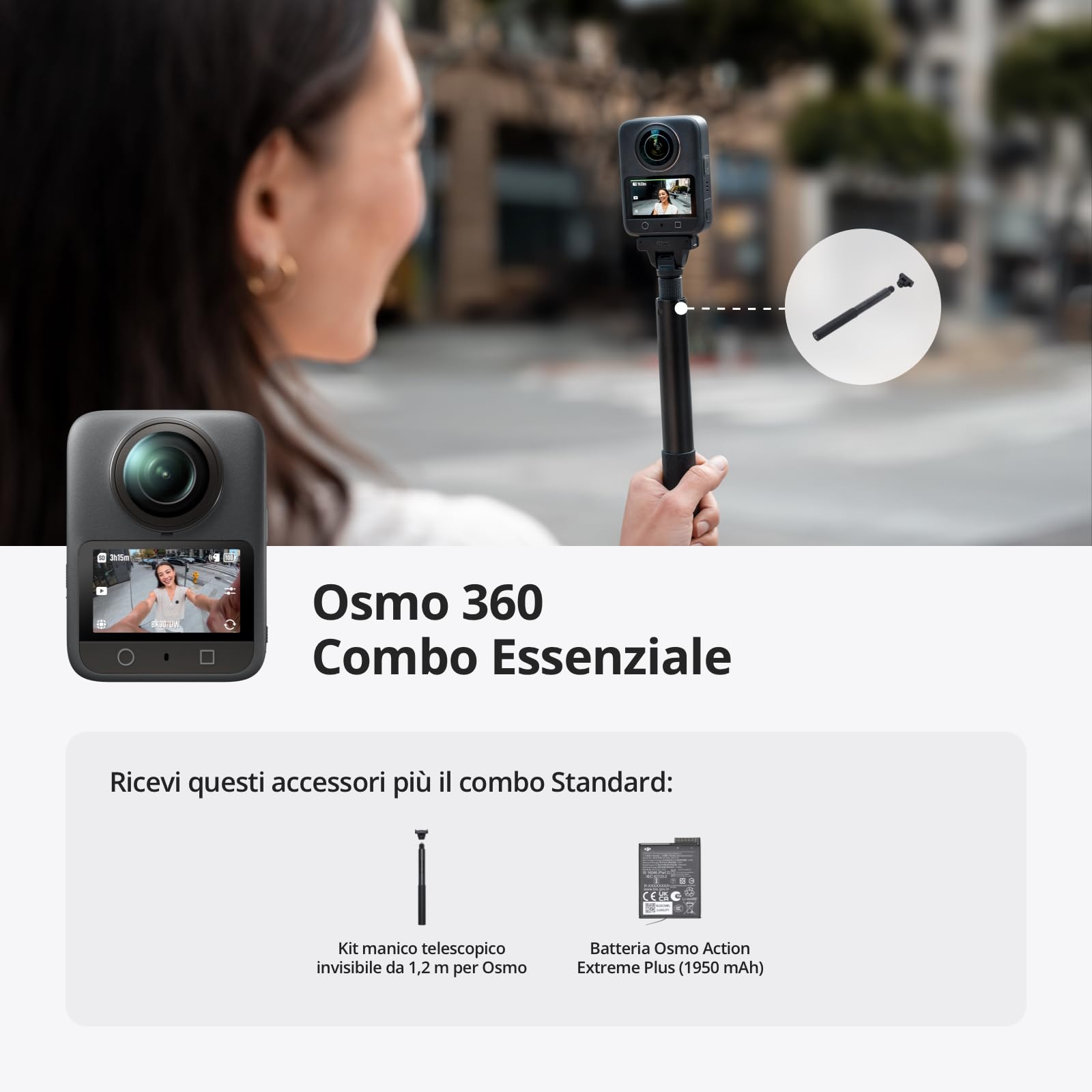 DJI Osmo 360 Combo Essenziale, fotocamera 360 con immagini a 360° da 1 pollice, video a 360° nativi in 8K, kit con manico telescopico invisibile da 1,2 m, durata della batteria estesa con 2 batterie