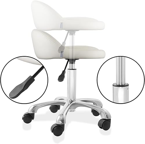 Miniatura 5 de Saloniture Taburete hidráulico rodante con respaldo bajo  Silla giratoria ajustable para spa, tienda, salón, masaje u oficina médica, color crema