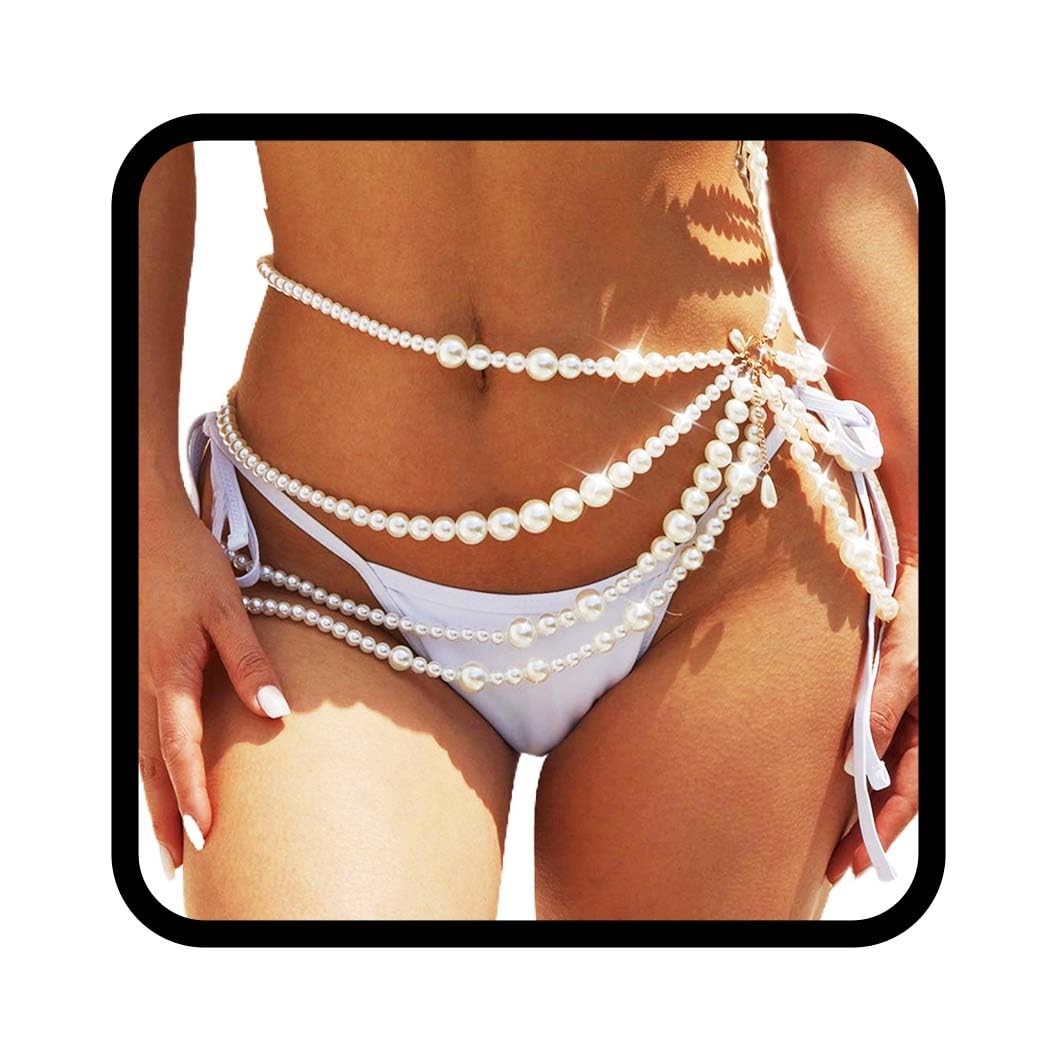 Asooll Pearl Waist Chain Gold Layered Rave Fashion Beach Body Chains Jewelry for Women