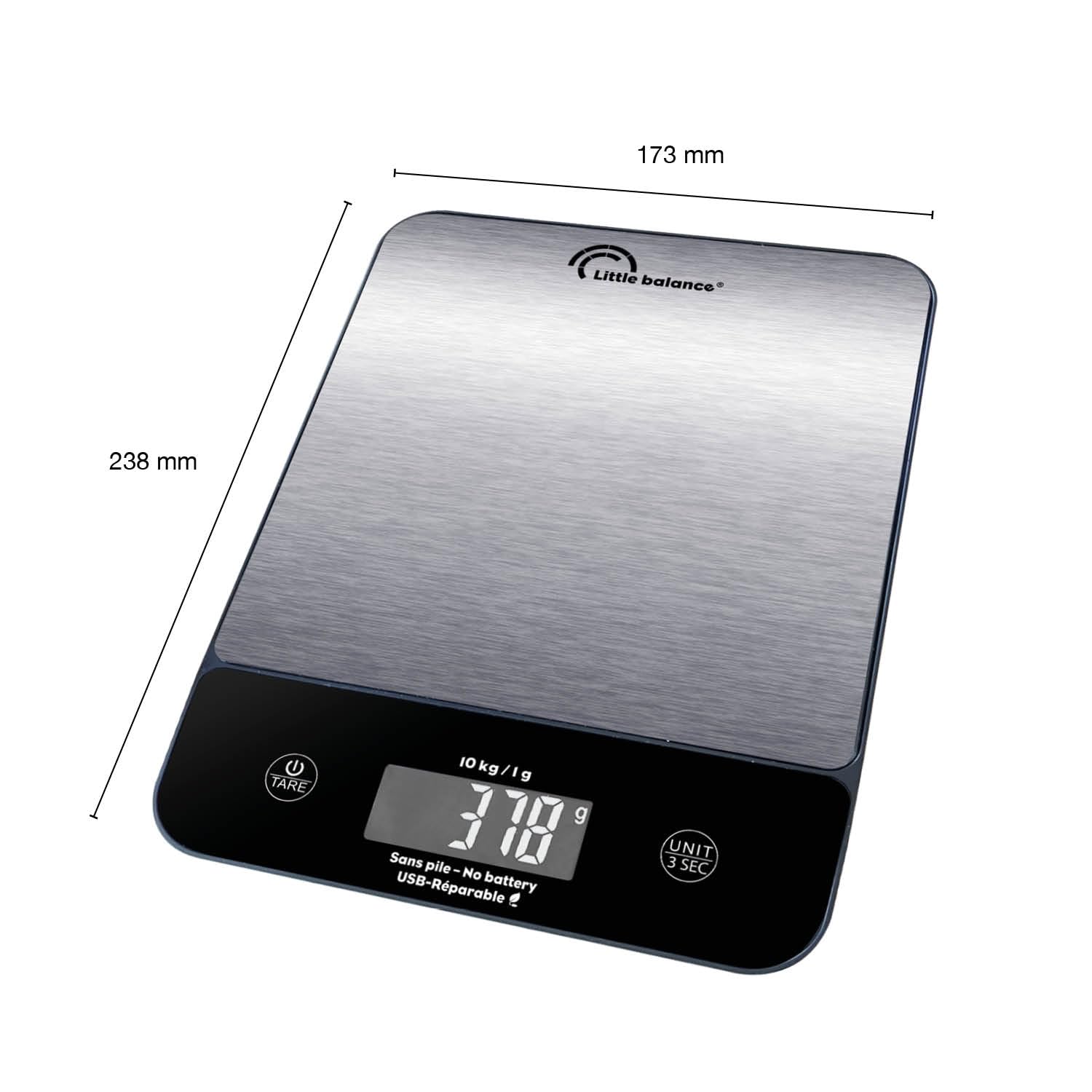 LITTLE BALANCE 8711 Happy Genius 10 Iox, Bilancia da cucina senza batteria, ricaricabile USB, riparabile, 10 kg, acciaio inox
