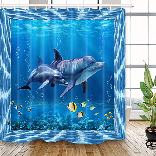 Shocur Cute Dolphin Shower Curtain, Blue Fantasy Ocean Underwater World, Tropical Yellow Fish And Coral Bubble, 69 X 70 Inches Polyester Fabric Kids Bathroom Decor Set With 12 Hooks #TOP1